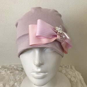 Flower and striped ribbon care hat